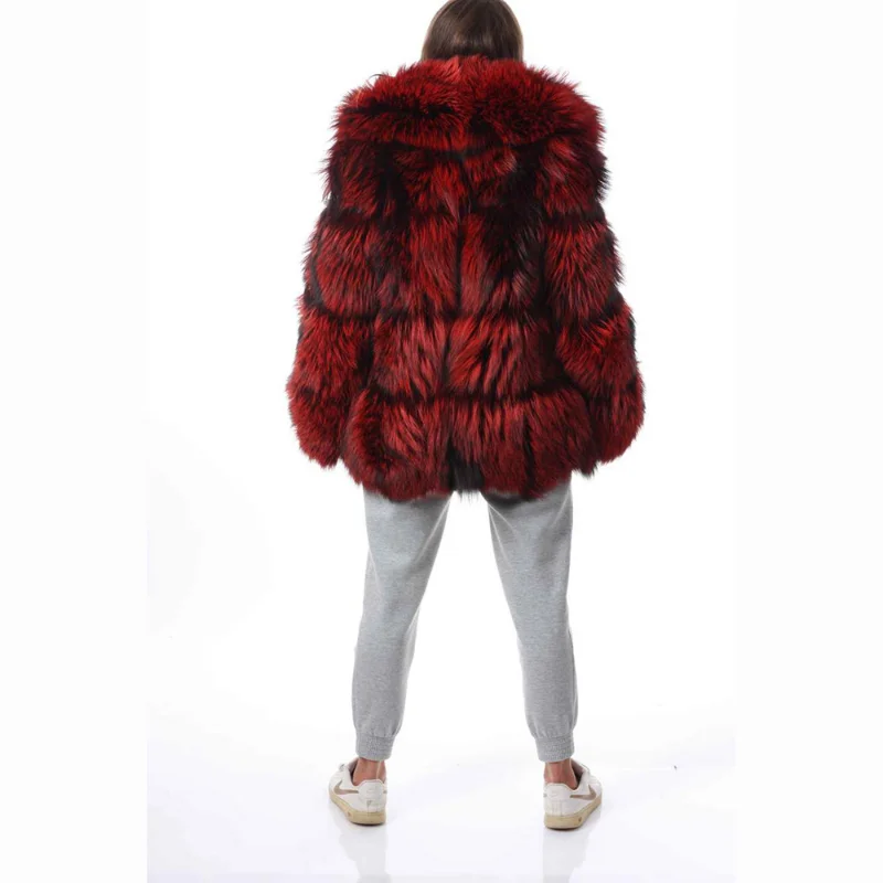 Genuine Dark Red Fox Fur Coat Women Fashion Luxury Outertwear Big Lapel Long Sleeve Warm Furry Natural Fox Fur Jacket Female