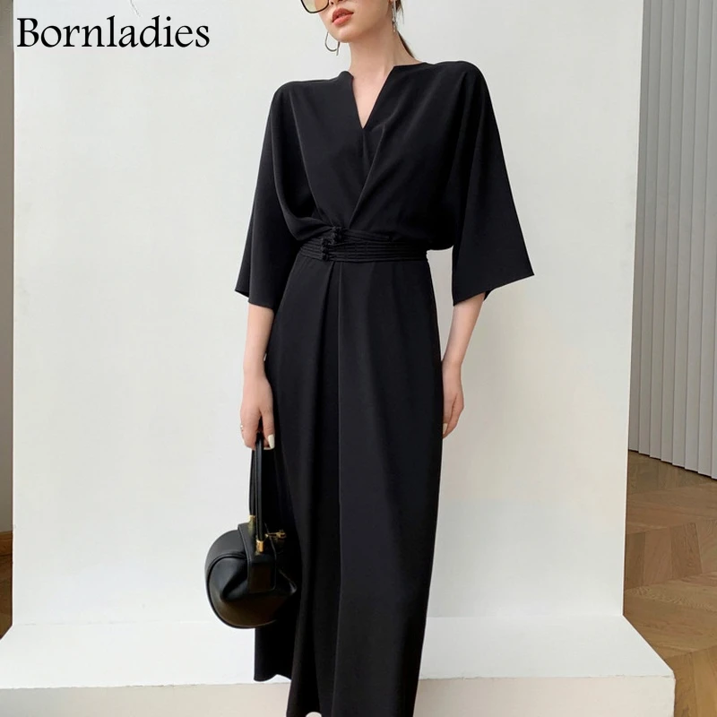 Bornladies Spring Autumn 2022 Women\'s Stylish Long Sleeve Sexy V-neck Slim Waist Dress Ladies Retro Long Party Vestidos