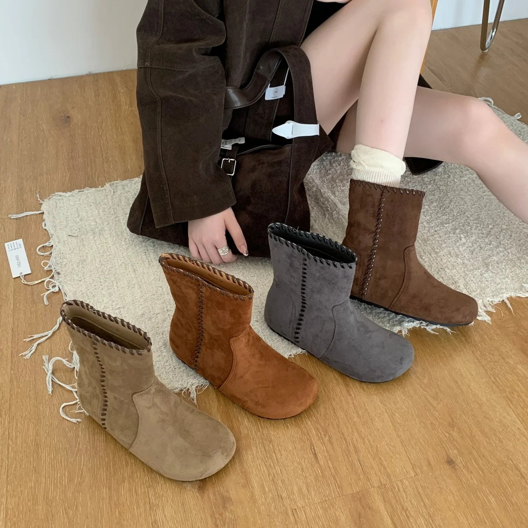 height increasing Shoes Woman casual narrow band Ankle Boot faux suede round toe modern Boots vintage slip on western Boots