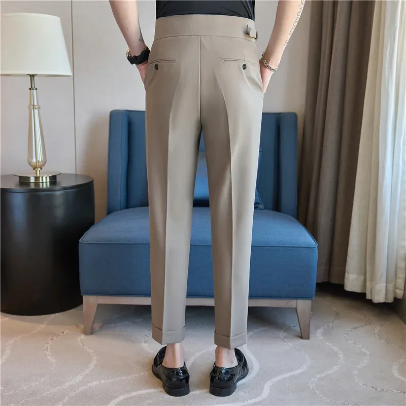 High Waisted Men Dress Pants Trousers 2024 Autumn Solid Casual Slim Suit Pants Business Straight Pantalones Hombre Men Clothing