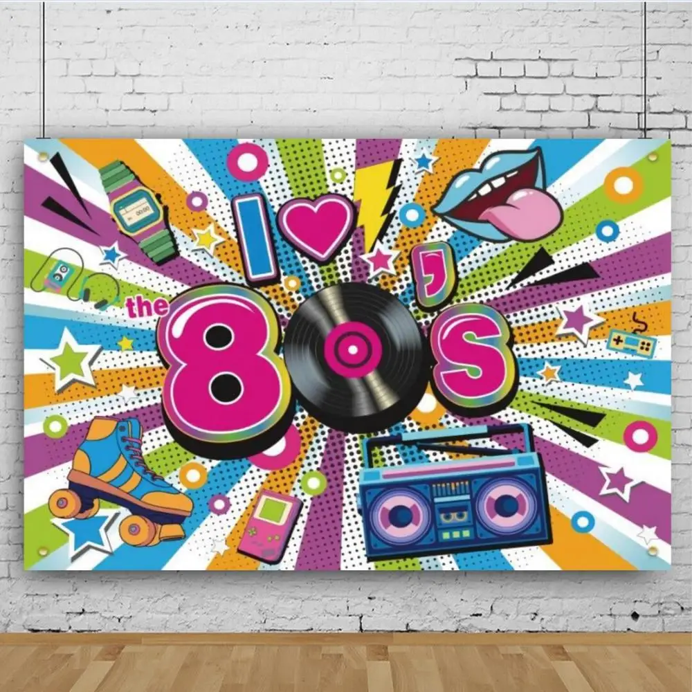 Back To 80\'s Theme Party Decoration 80\'s Party Banner Music Disco Backdrops Graffiti Neon Glow Photography Backgrounds Decor