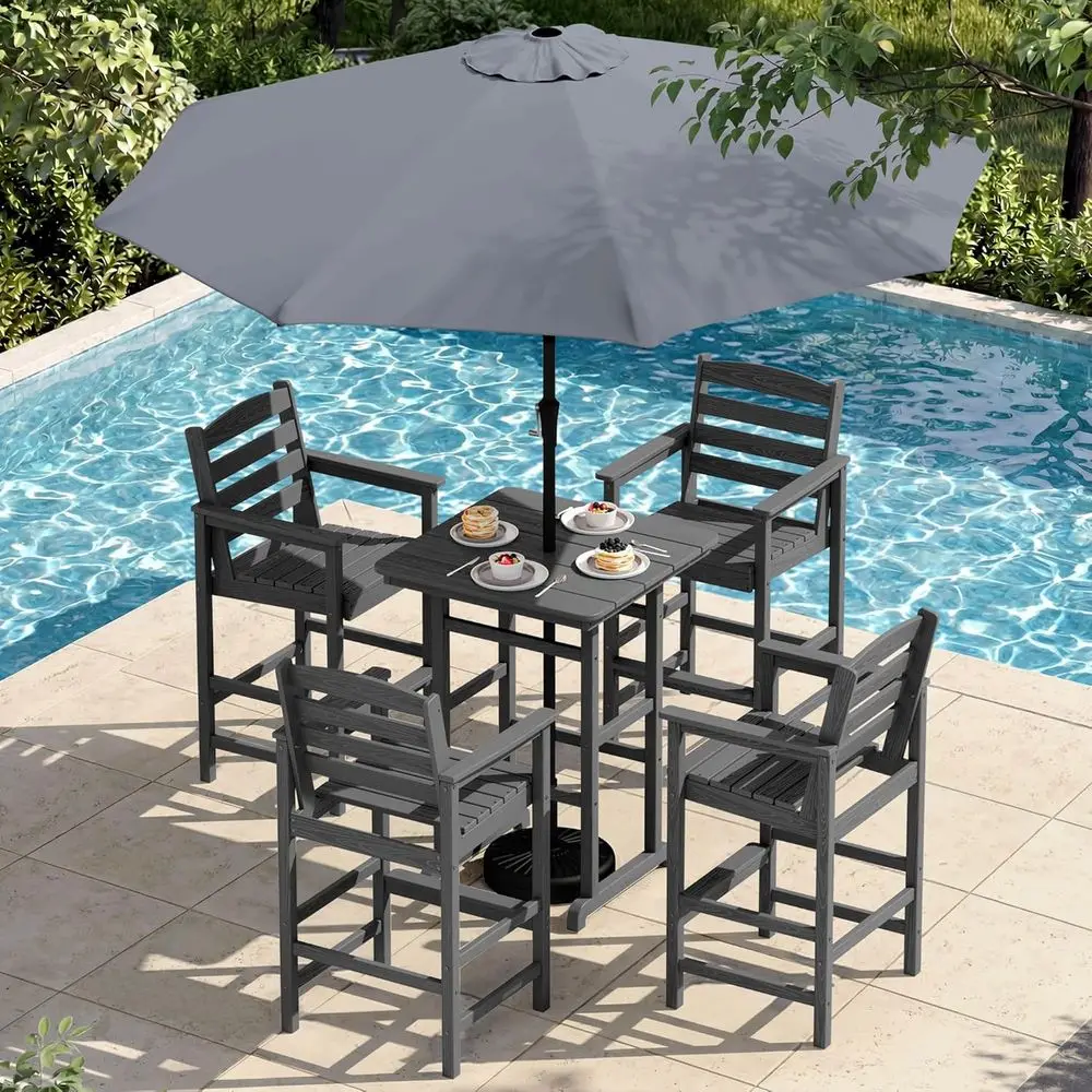 

Gray 6-Piece Outdoor Patio Bar Set with 9ft Umbrella and HDPE Barstools