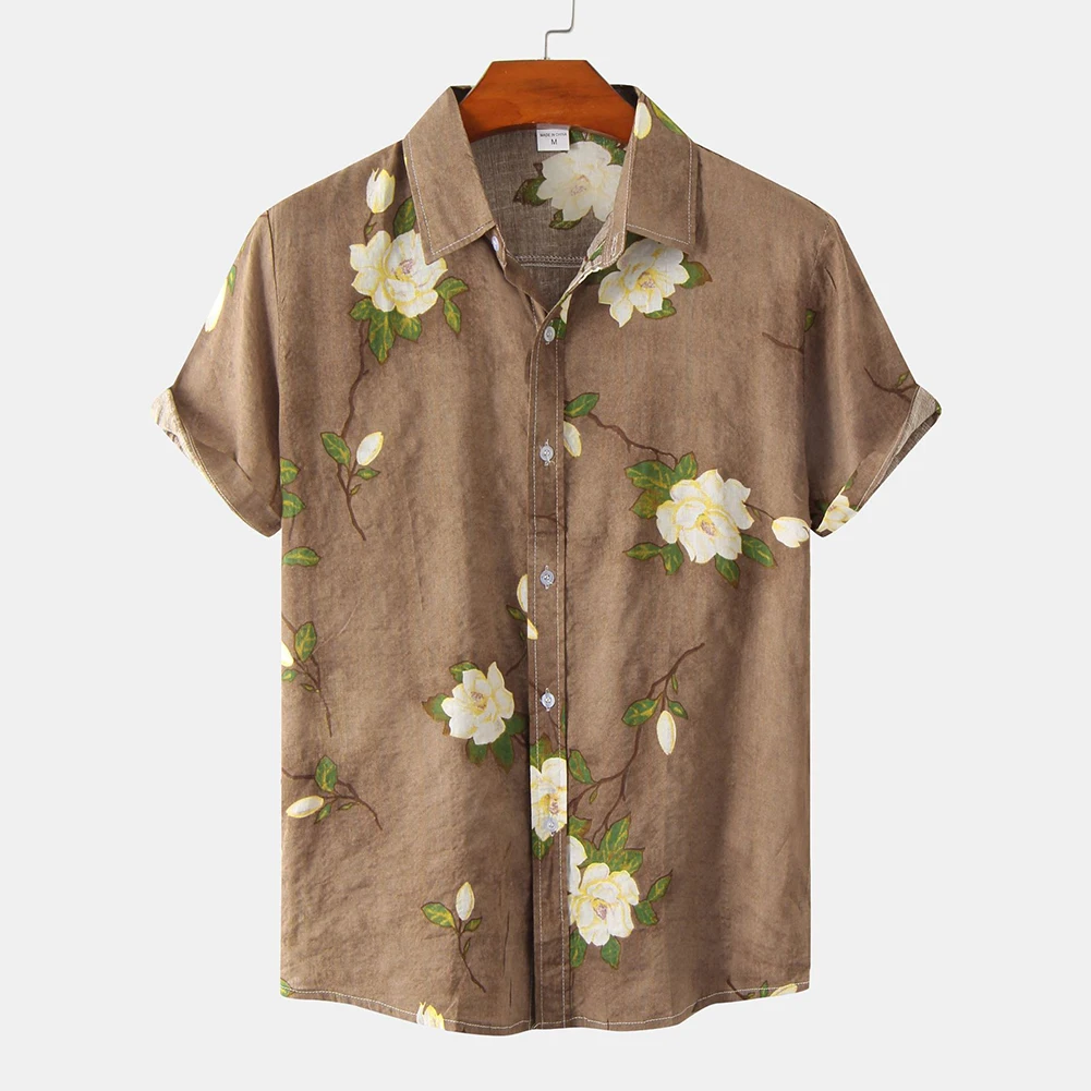 Camisa de praia soltas com estampa floral vintage masculina manga curta, camisa casual com gola flip, top diário extragrande, blusa