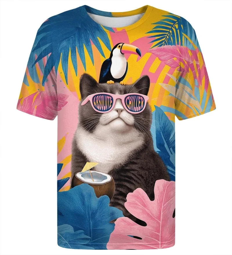 Fun Summer Cat T-shirts for Men and Women, Cool Cats Wearing Sunglasses, Toucan, Coconut Cocktail, Tropical Leaf Print T-shirts.
