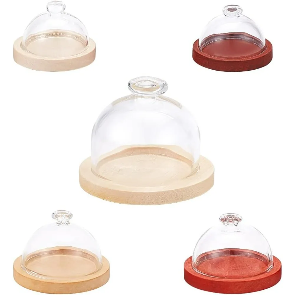 5 Pcs Mini Top Knob Glass Dome Cover Display Glass Dome with 5 Sizes Wooden Base Decorative Display Case for DIY Preserved