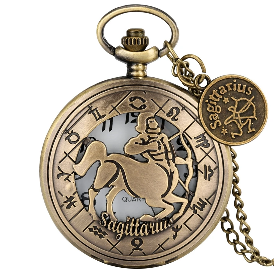 Bronze Retro Sagittarius Jewelry Watches Quartz Pocket Watch Necklace Pendant Birthday Gifts Clock with Sagittarius Accessory