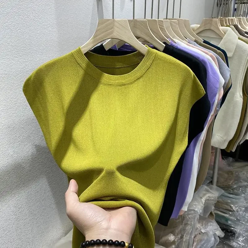 T-shirt lavorata a maglia di seta di ghiaccio allentata o-collo estate sottile Klein blu manica a pipistrello Top donna camicie oversize a maniche