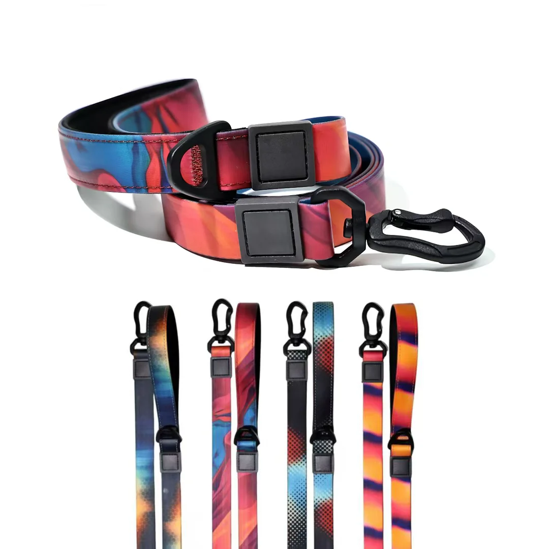 Waterproof PVC Dog Leash Custom Logo Gradient Print Soft Handle Alloy Hook Odorproof Easy Clean Lead for S/M/L Dogs