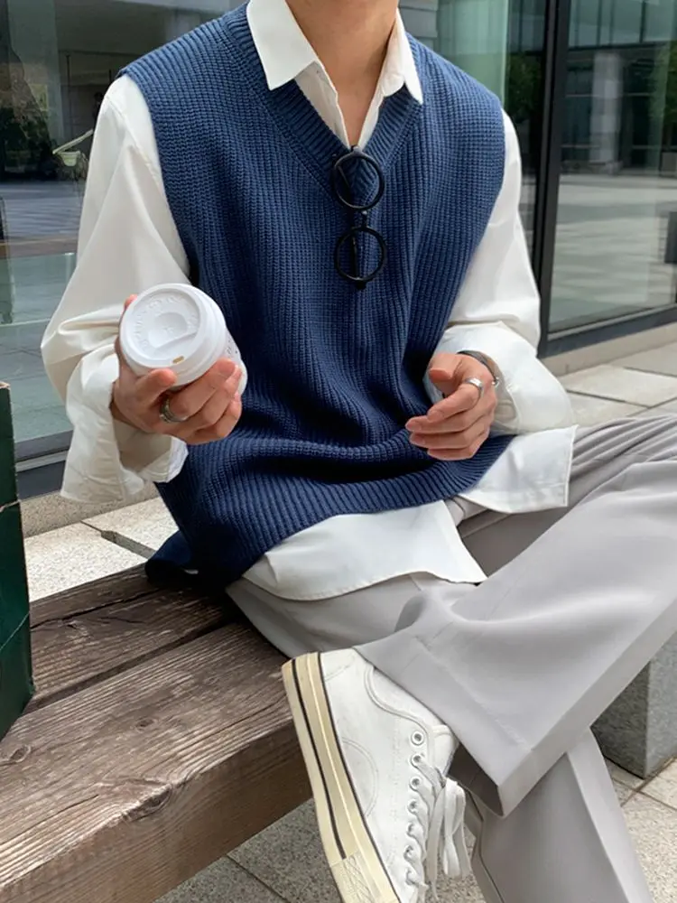 V Neck Sweater Man Blue Waistcoat Jumpers Loose Knit Vests for Men High Quality Elegant Vintage Y2k Smooth Casual Korean Style