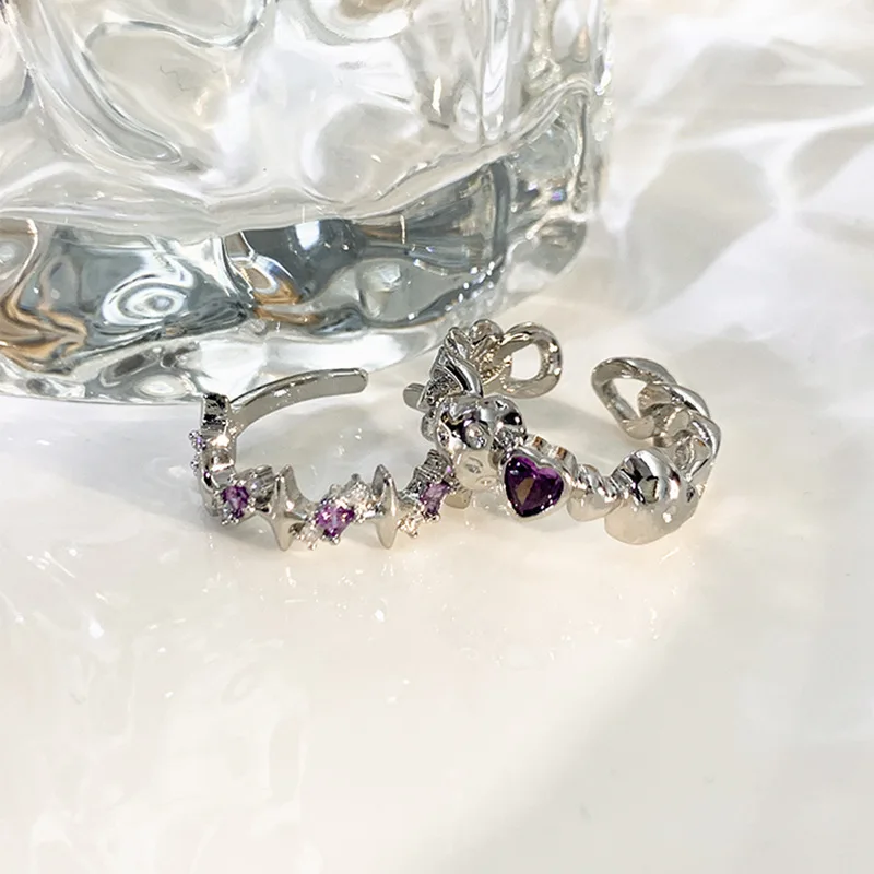 Vintage Crystal Star Adjustable Rings Fashion Shiny Irregular Purple Rhinestone Couple Ring Women Men Lover Y2k Jewelry 2023