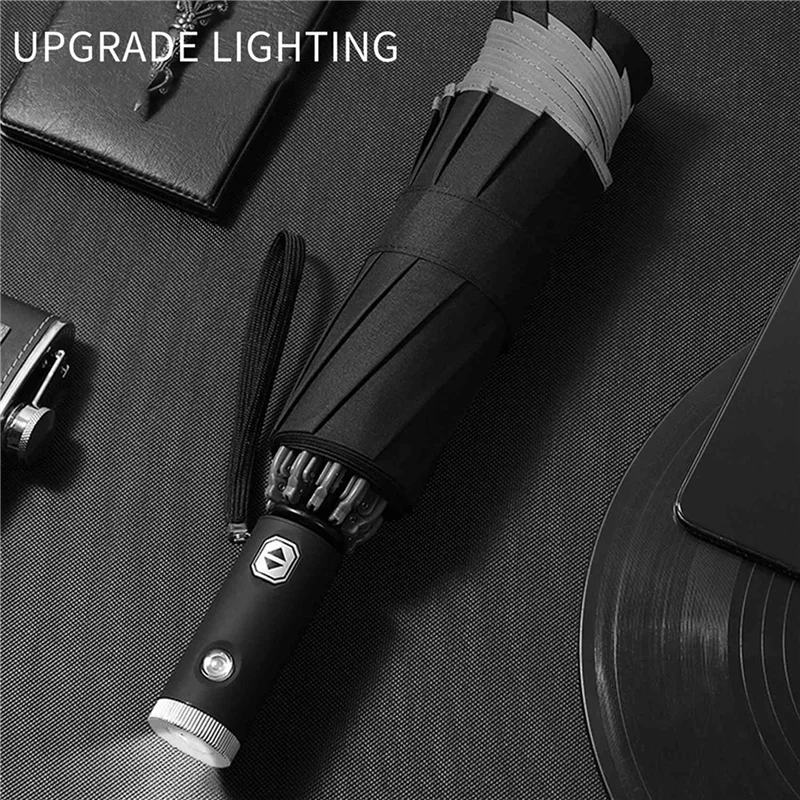 2X Automatic Reverse Umbrella Inverted Reflective Folding LED Light Safe Night Windproof Frame For Men Women Umbrellas-AT30