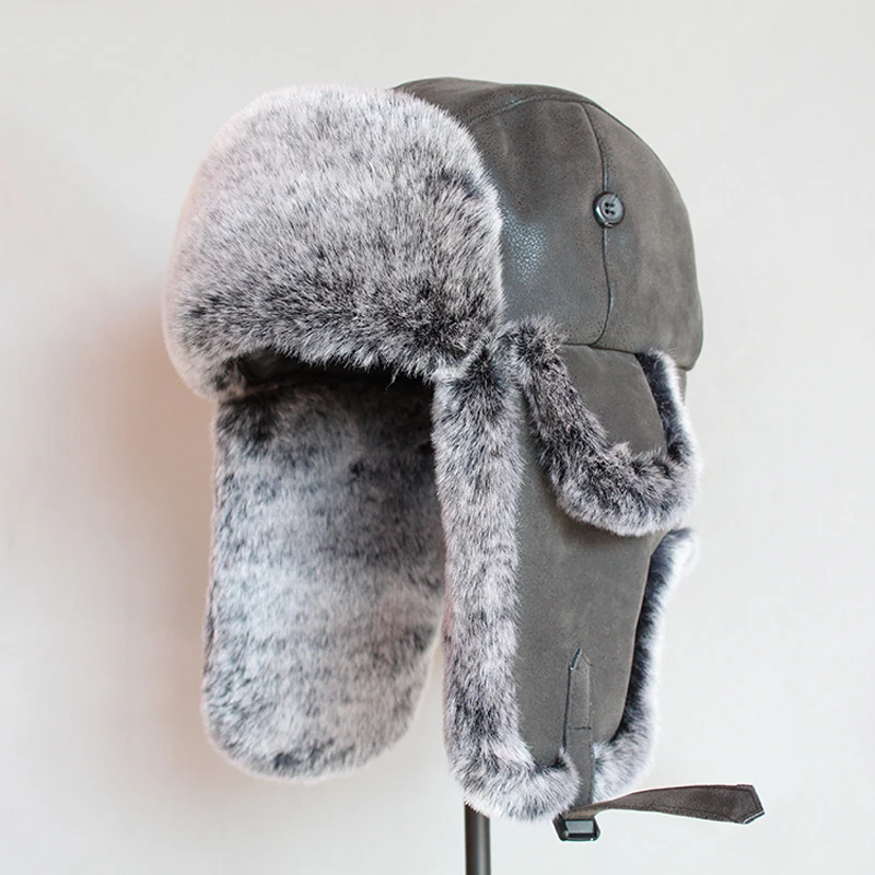 ZDFURS* Winter Bomber Hats Men Warm Russian Ushanka Hat with Ear Flap Pu Leather  Fur Trapper Cap  Earflap for Women