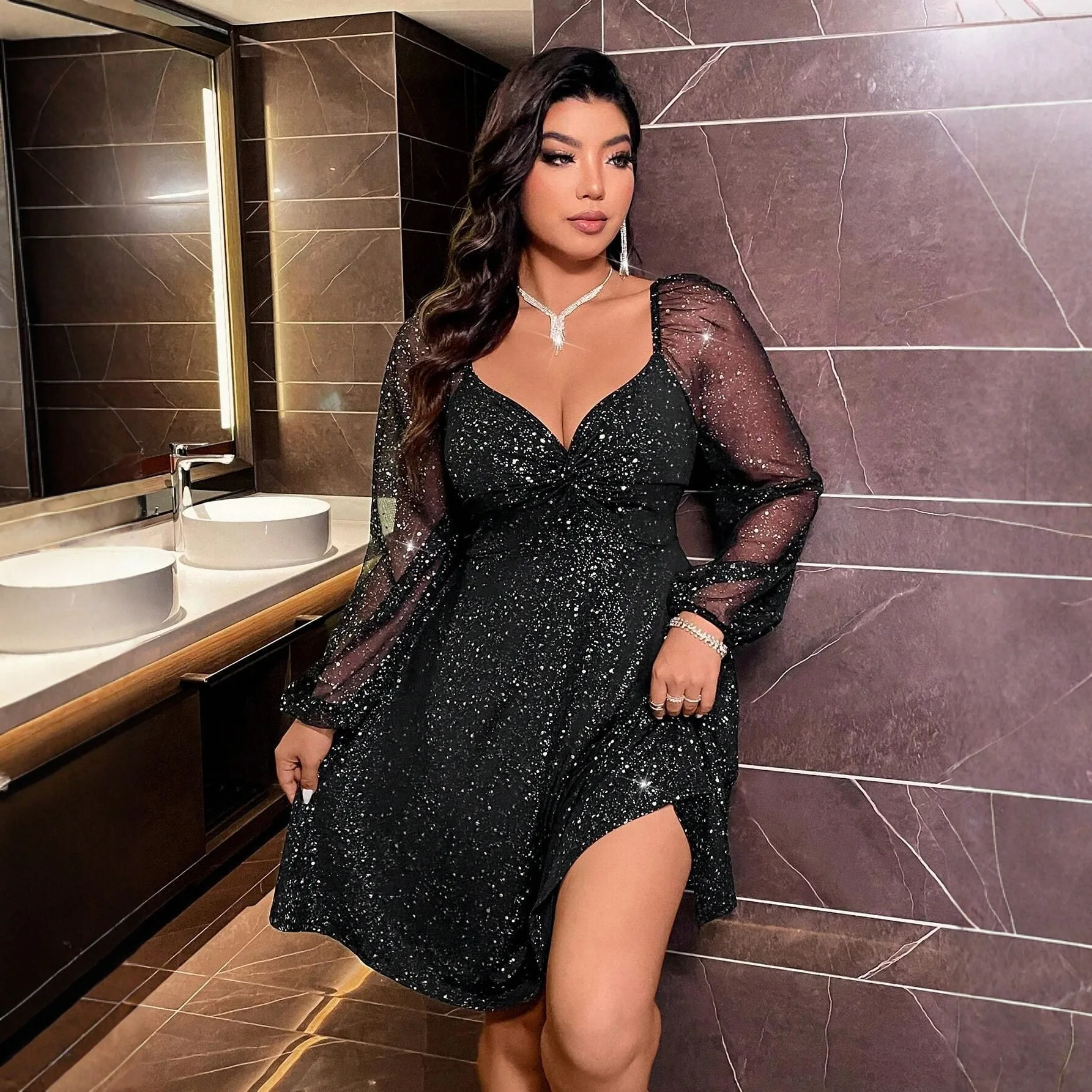 

Shiny Sequin Mini Dresses Women Sexy Deep V-neck Mesh Long Sleeve Short Dress Fashion Party Prom Banquet Vestidos Female 2025