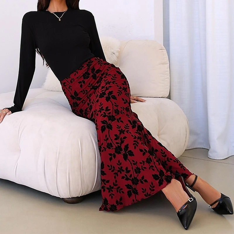 2026 Women's Boho Floral Print Y2k Vintage Mesh Sheer Long Skirts Elastic High Waisted Mermaid Hem 90s Grunge Maxi Skirt