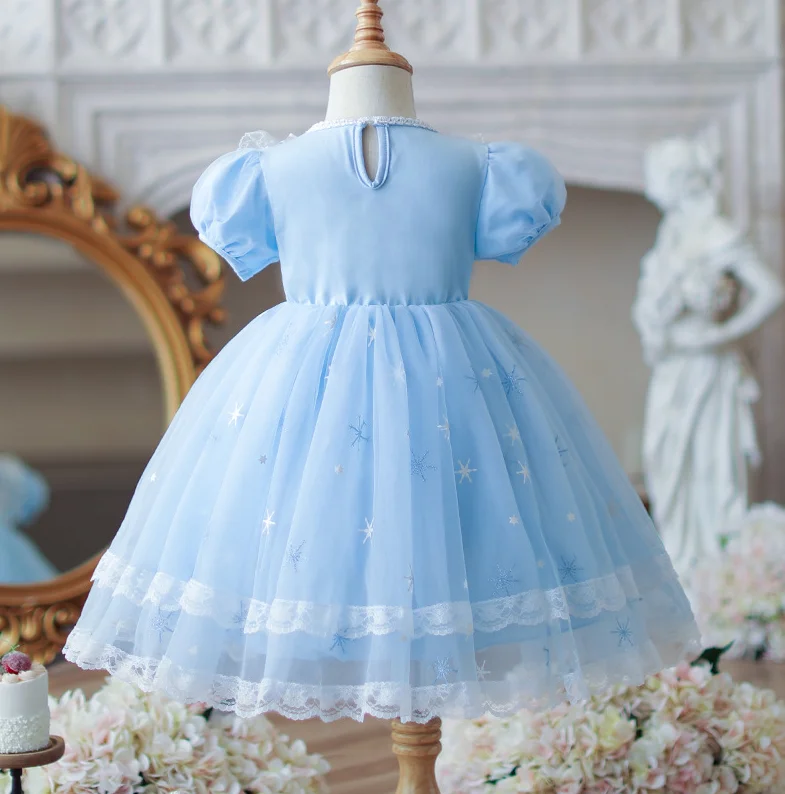 Retail New Baby Summer Girls Boutique  Blue Lace Mesh Dress, Princess Kids Sweet Fashion  Party Dress  3-8T