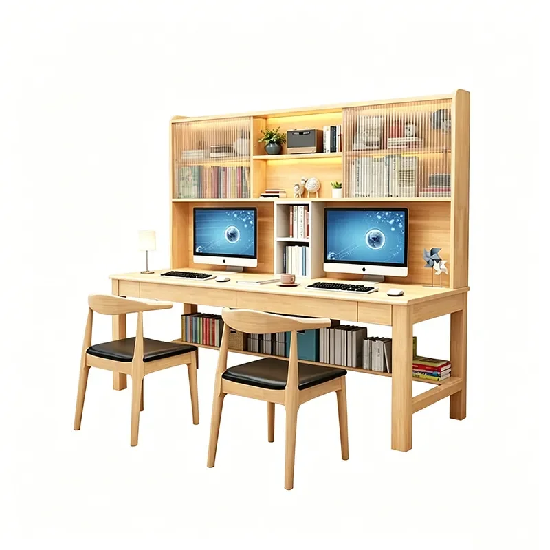Solid Wood Double Computer Desk with Bookshelf Extended Writing Table Storage Study Station for Students Home Office Use