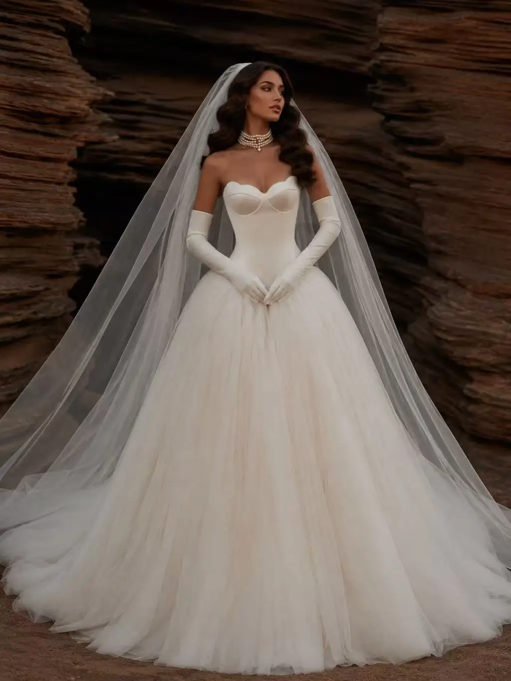 Strapless Sweetheart Satin Corset Wedding Dress Voluminous Tulle Ball Gown Cathedral Train Custom Size Custom Made Bridal Gown