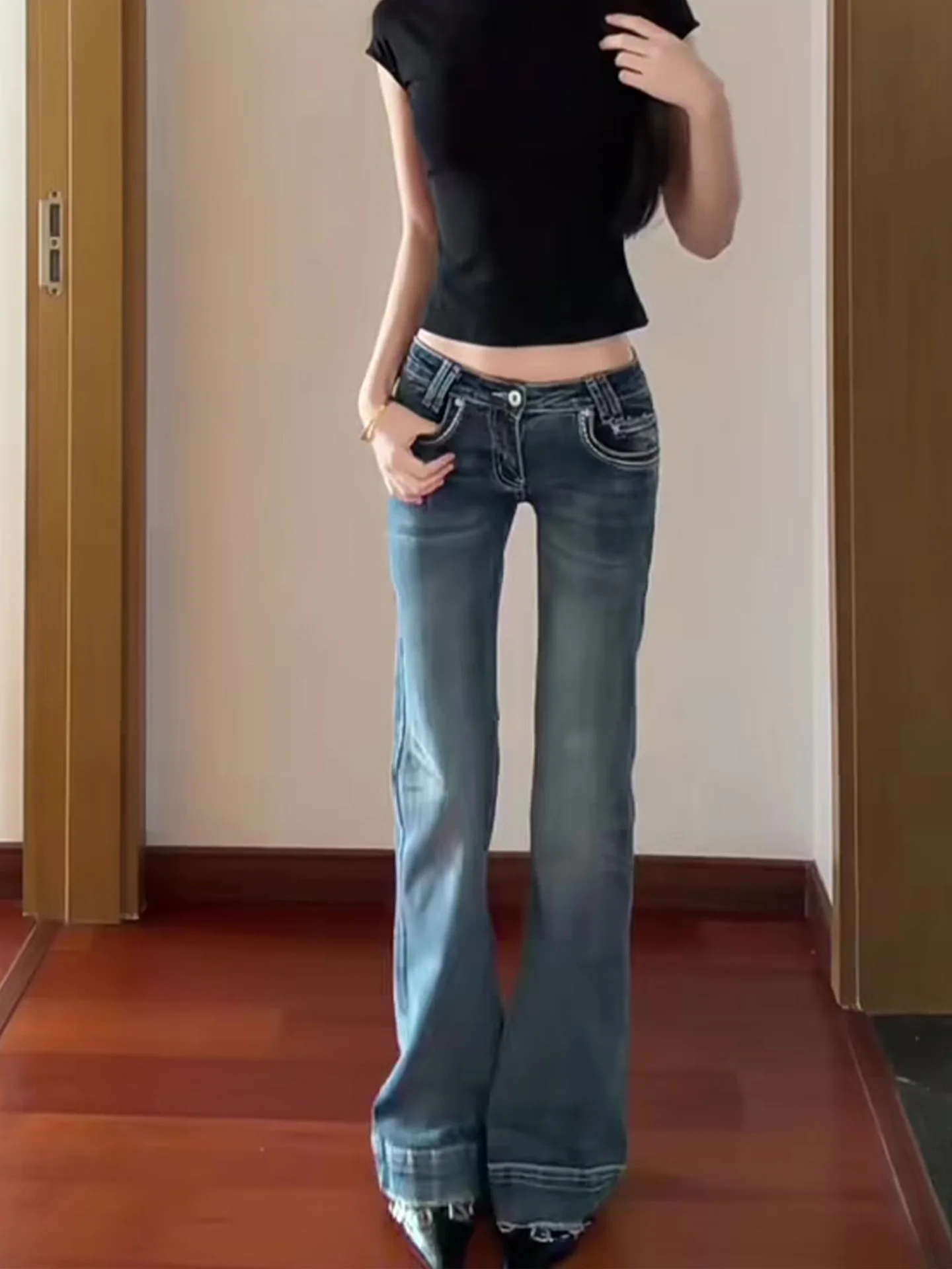 

Low Waist American Deep Blue Washed Bell Bottom Slim Fit Jeans Women Summer New Style Slimming Vintage Floor Length Pants