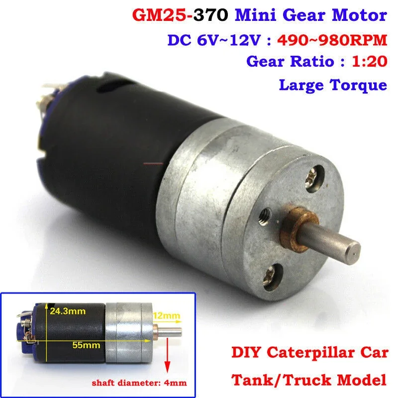 GM-25 Micro 370 Electric Gear Motor DC 6V-12V 980RPM 25mm Full Metal Gearbox Large Torque DIY Caterpillar Car Toy Tank Model