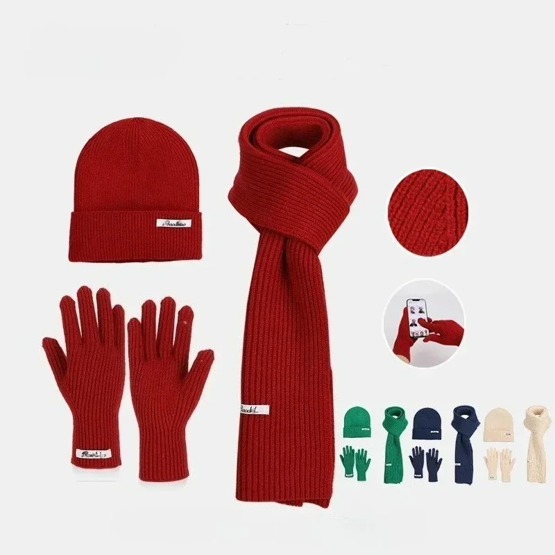 Autumn Knitted Hat Scarf Gloves 3pcs Set Casual Warm Outdoor Touch Screen Gloves Fashion Soft Comfortable Hat Scarf Glove Set