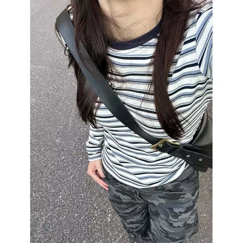 Moda Hong Style Ins Long Sleeve T-shirt Ins Age Reduction Elegant Slim Female Stripe Preppy Style Minority Camisetas
