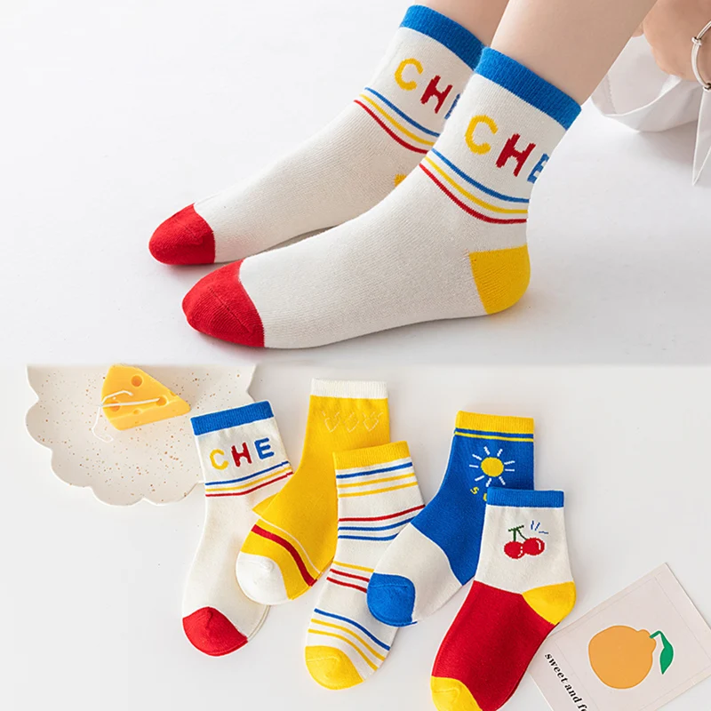 

5 Pairs Of Autumn New Cherry Series Mid-Tube Socks Stylish Color Contrast Children's Socks High Elastic Comfortable Casual Socks