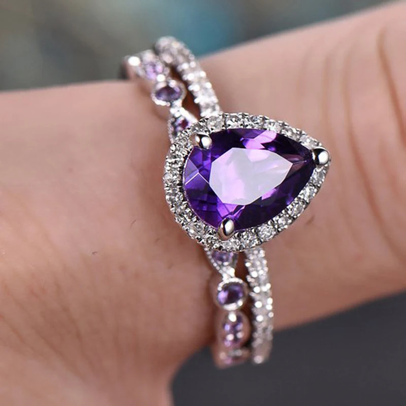 Huitan Charming Pear Purple Cubic Zircon Set Rings for Women Wedding Party Temperament Elegant Lady Accessories Fashion Jewelry