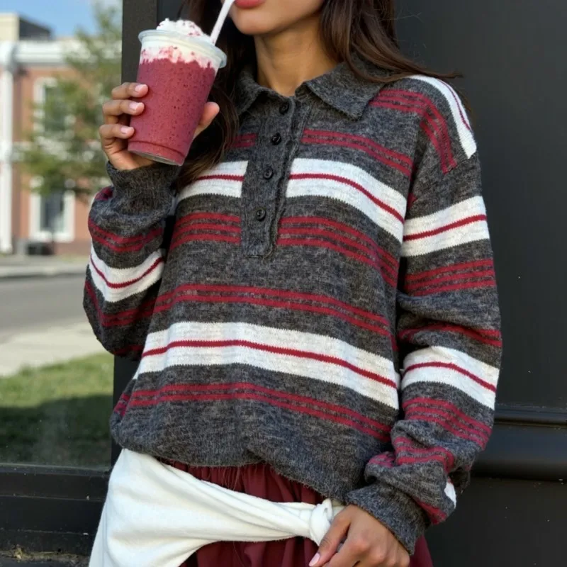 2025 outono inverno novo estilo coreano feminino doce camisola de malha gola polo manga longa listrado malha macio e confortável design topos