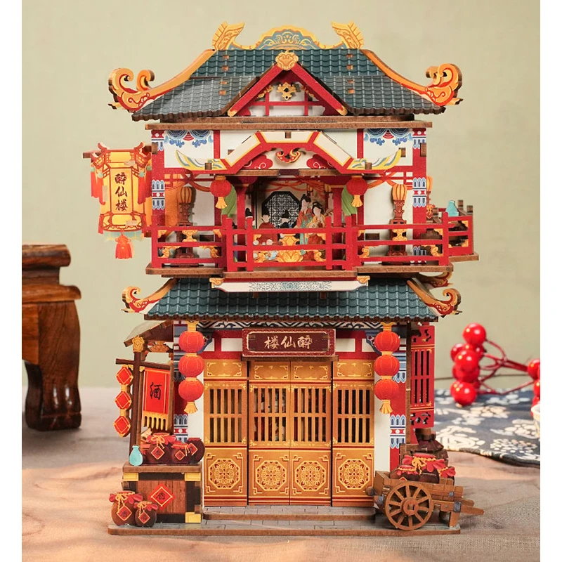 DIY Wooden Model Building Kits Chinese Ancient Restaurant Inductive Storage Box City Street View 3D Puzzle Toys for Adults Gifts