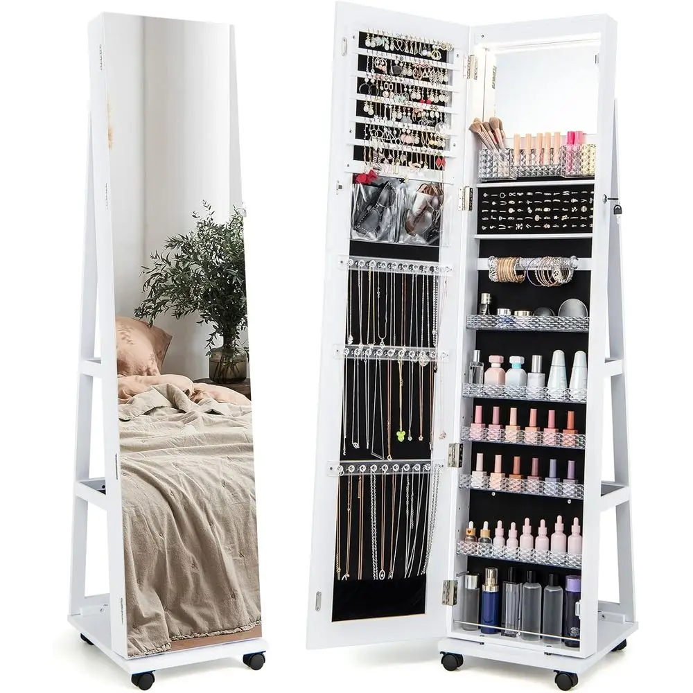 

360° Rotating lry Armoire, Lockable lry Organizer with 3-Color LED Lights, Standing lry Cabinet with ull-Length Mirror, Built-in