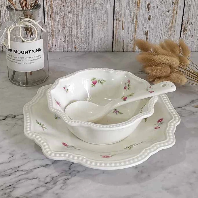 New Relief Flat Plate Floral Ceramic Plate Household Internet Celebrity Dessert Plate Bowl Set