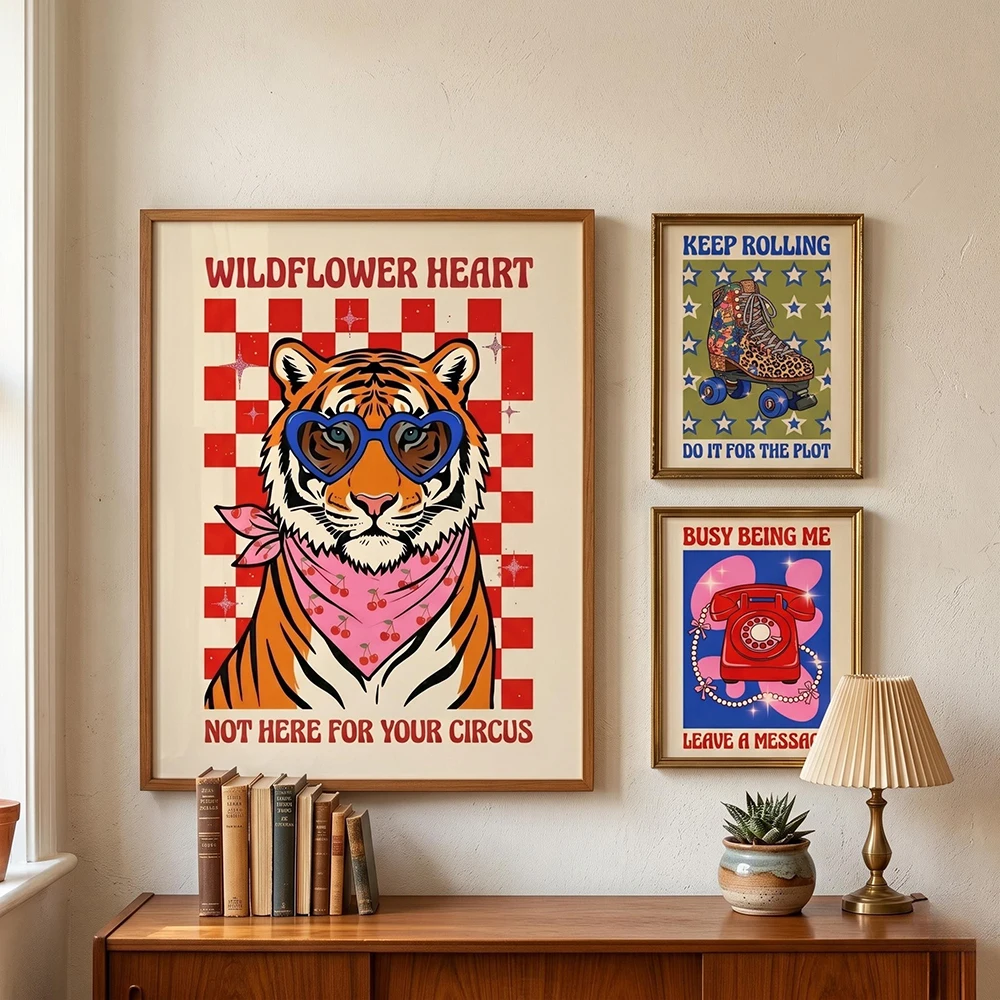 Retro Tiger Roller Skate Telephone Poster Wall Art Canvas Painting Vintage Living Bed Room Kitchen Home Decor Prints Pictures