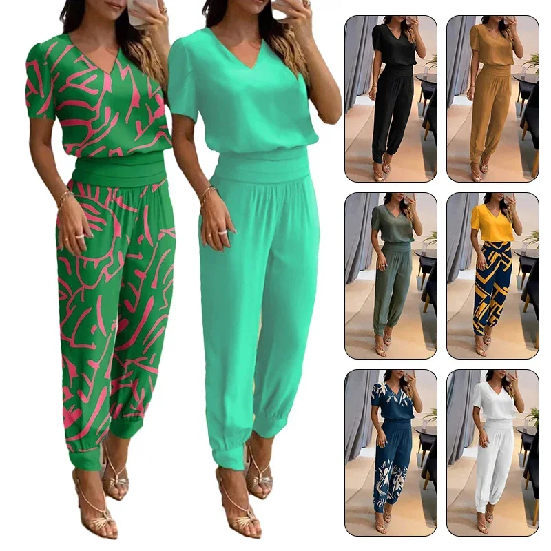 

Green Summer Comfort Pants V-neck Short Sleeve Tshirt Two Piece Set Women Casual Elastic Waist Harlan Pants Fashion Suit Women