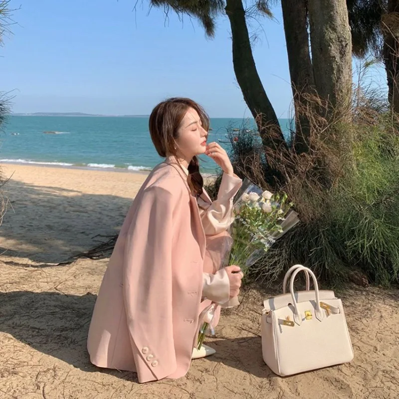 

Женский розовый пиджак на весну и осень, мягкий милый корейский стиль, высокое качество, утягивающий повседневный универсальный модный однотонный топ, свободный