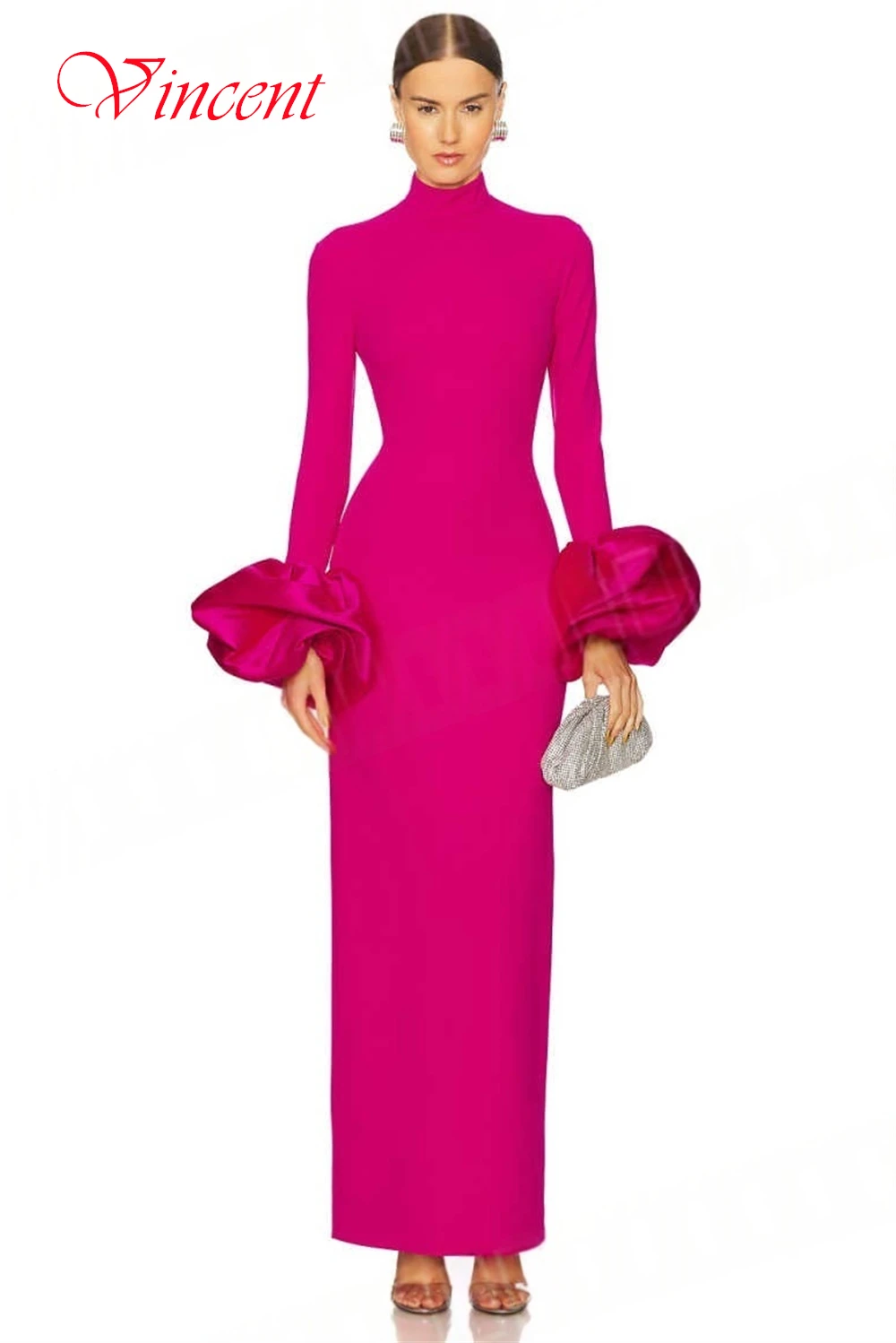 أزياء رسمية مخصصة حمراء طويلة الأكمام جيرسي حفلة موسيقية فستان سهرة فستان مناسبة مخصصة الكشكشة خط العنق العالي