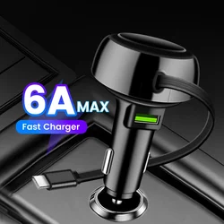6A Multifunctional Retractable Car Charger Fast Charging 2 in 1 Car Charger Adapter For IPhone Huawei Samsung USB Type C Cable