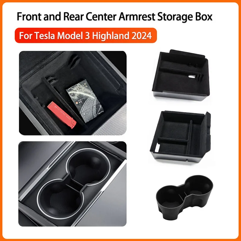 

For Tesla Model 3 Highland 2024 Center Console Armrest Storage Box Front Rear Storage Organizer Cup Holder For Model 3+ 2024