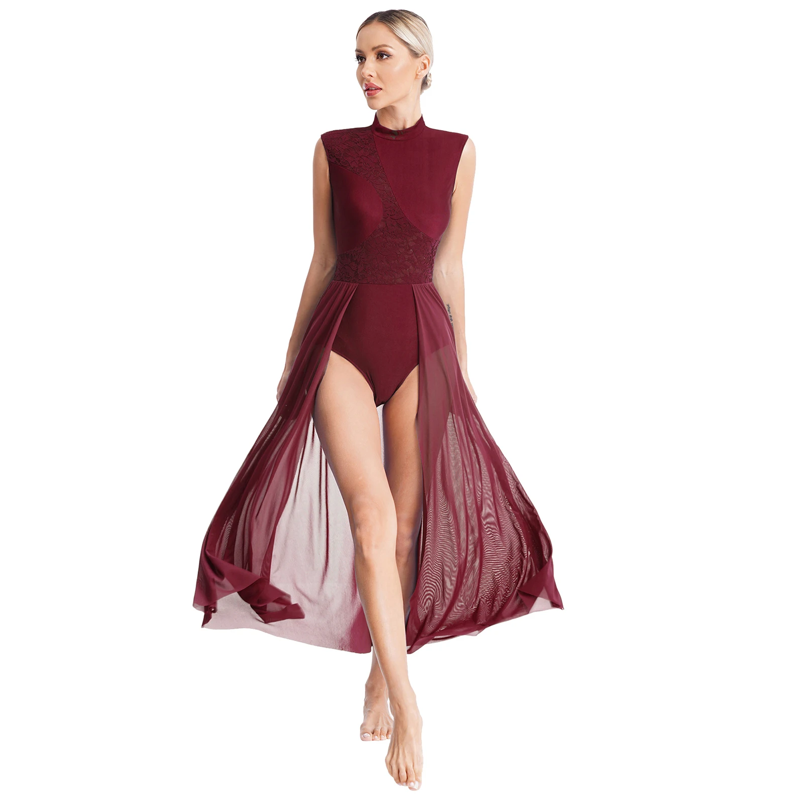 

Floral Lace Patchwork Leotard Overlay Long Dress Women Ballet Modern Lyrical Dancewear Costume for Stage Performance Competition