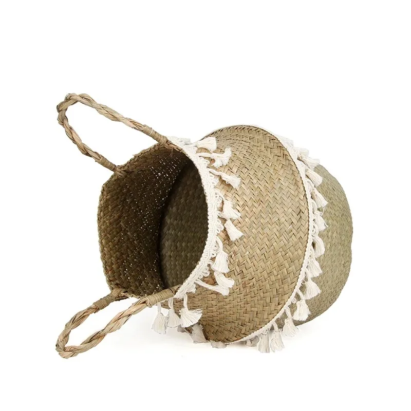 Artesanal Decoração Boho Cestas De Vime, Armazenamento, Dobrável, Palha, Rattan, Barriga De Ervas Marinas, Jardim, Vaso De Flores