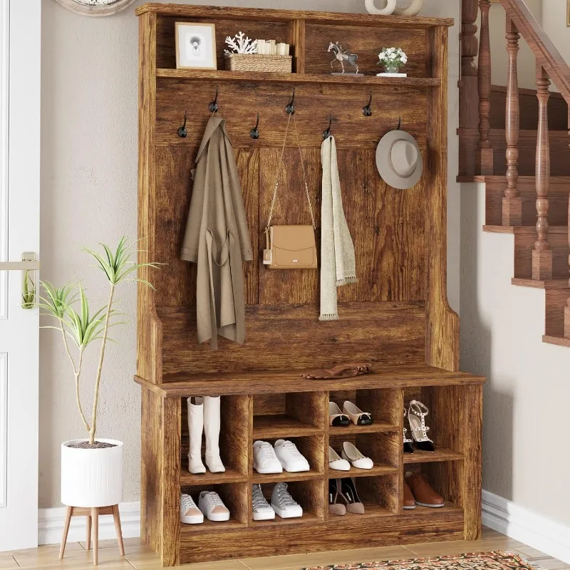 

ree, Entryway Bench with Coat Rack and 10 Adjustable Shoe Storage, Brown
