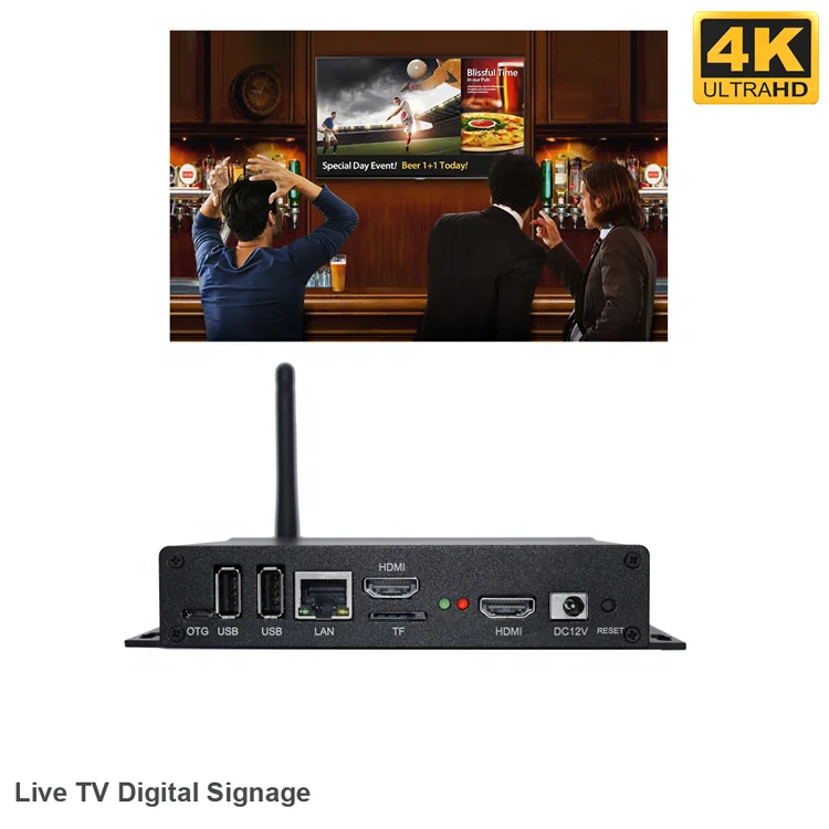 Support UHD 4K decoding android digital signage media player with video output and input