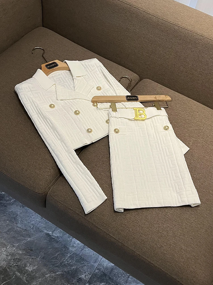 

Faionable Knitted Suit Collar Top And Skirt Two-Piece Set New Arrival Wind Ba Pattern Embroidery B7582 Women's Ensemble