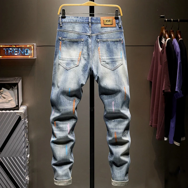 Y2K Designer Fashion Men Jeans Retro Blue Splashed Painted Ripped Jeans Men Street Style Stretch Slim Fit Vintage Denim Pants