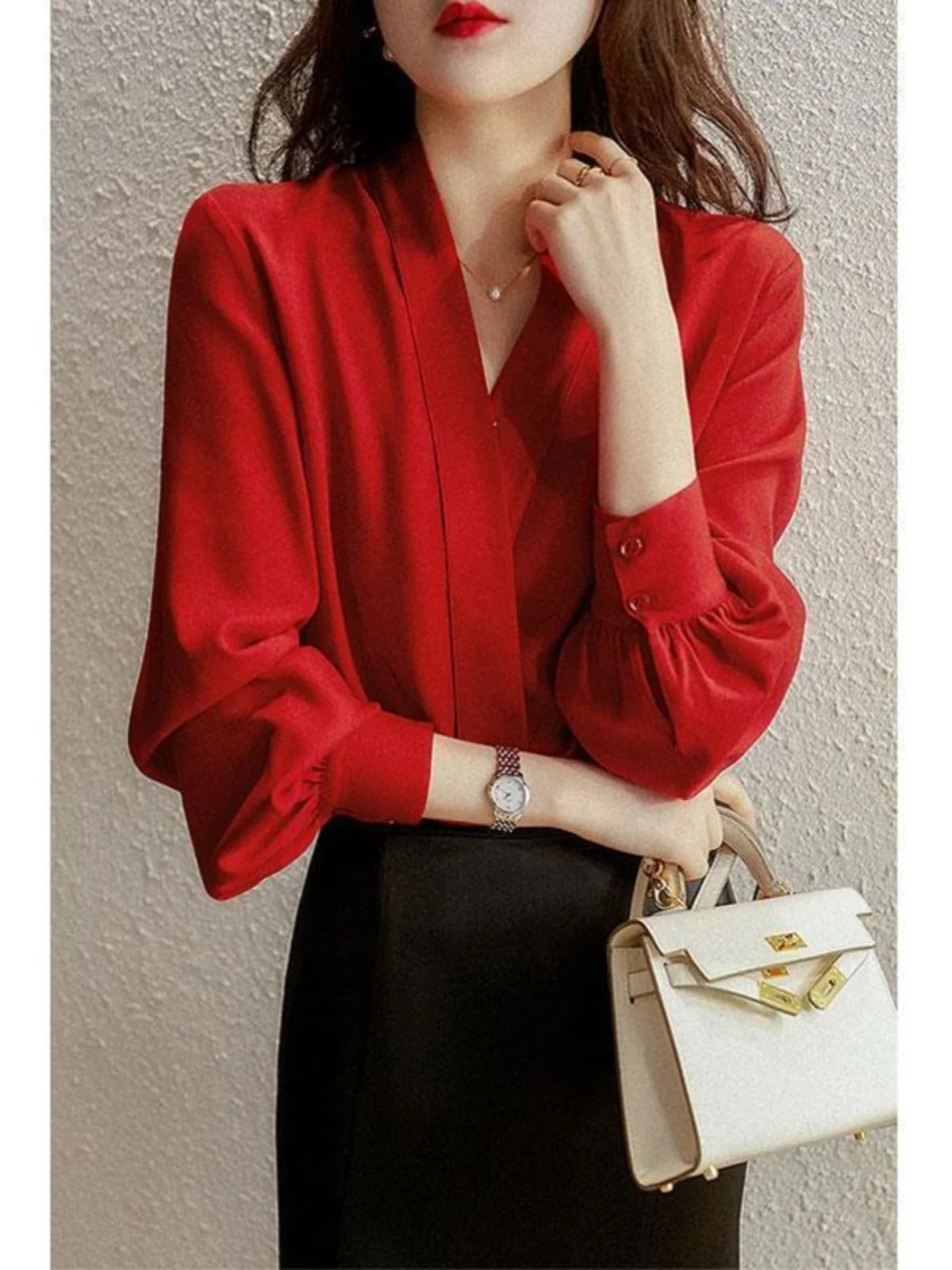 

Korean Style Loose Fit Long Sleeve Red V-Neck Shirt Women's Fashion Autumn Winter New Style Slimming Top Comfortable Shirt
