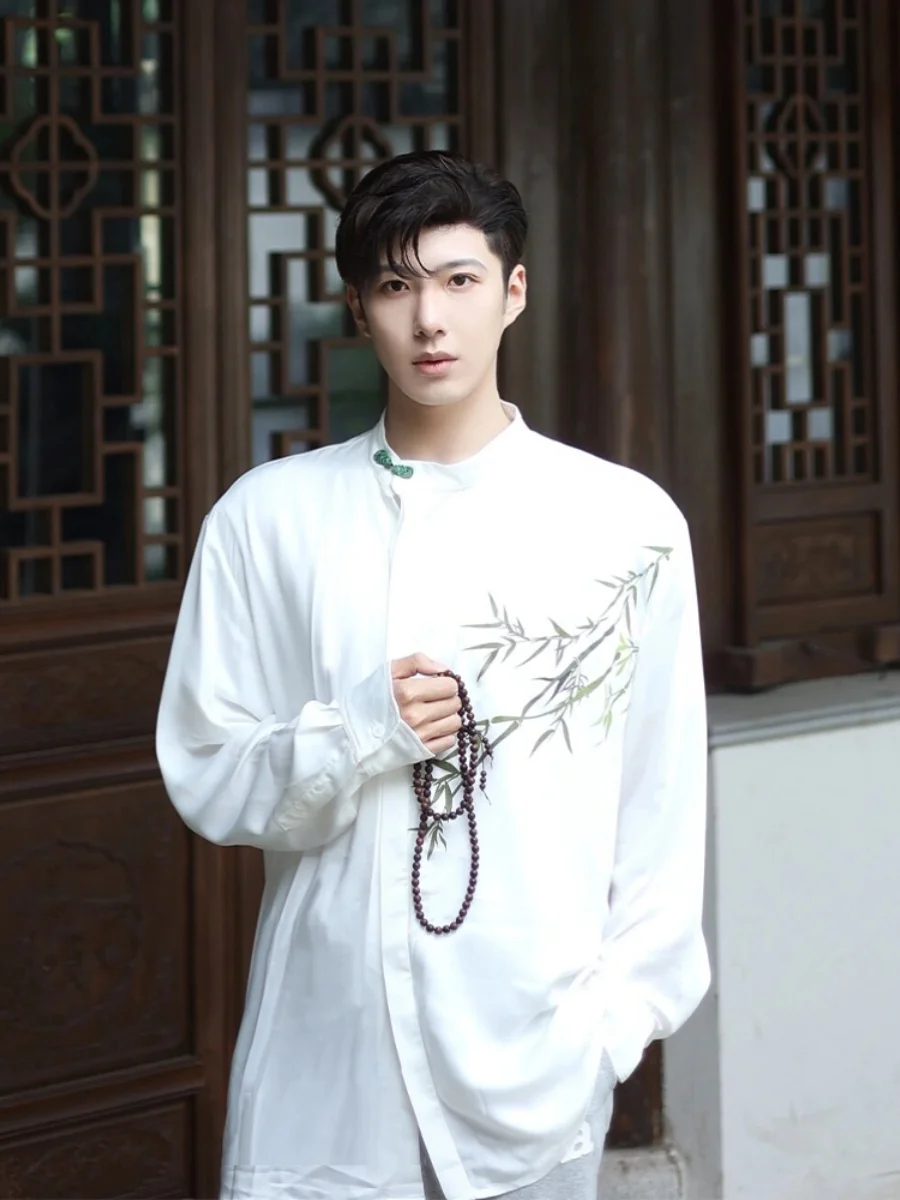 

New Chinese Sle Men's Long Sve irt Bamboo Print Oil Painting Cool Feeling Tang Costume Hanfu Loose Fit Daily Wear