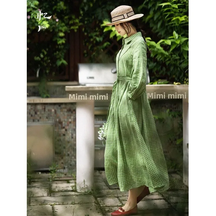 Długa lniana spódnica damska na jesień i zimę, w kratę, długa spódnica, uniwersalna spódnica w kształcie litery A, elegancka.