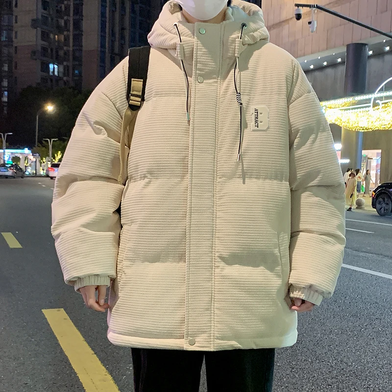 2025 Autumn Winter Men's Khaki Caramel Color Lamb Wool Cotton Jacket Black Green Fleece Lined Thickened Warm Hooded Coat