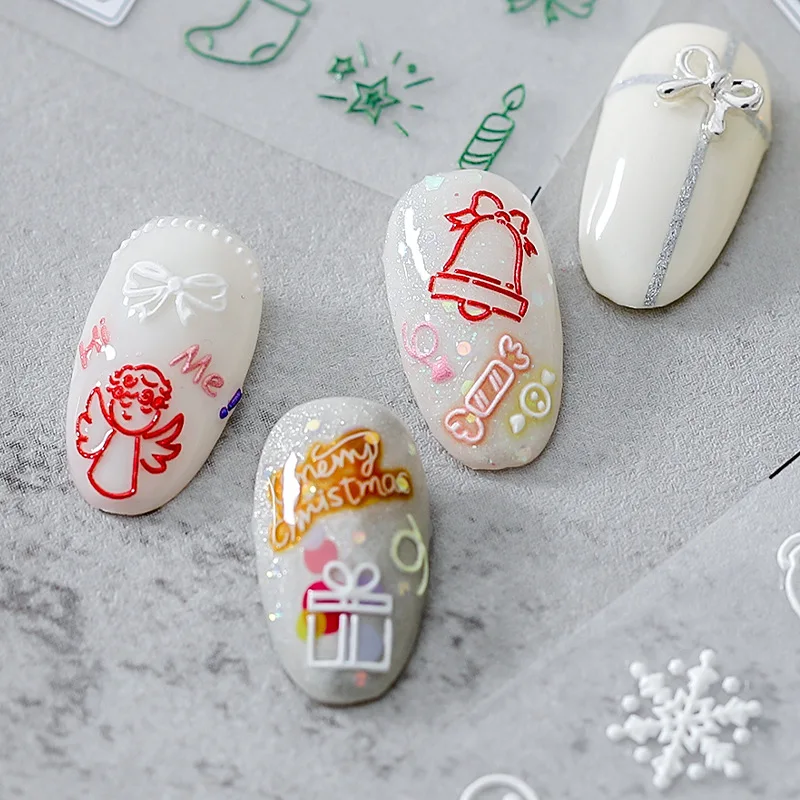 Upgraded 3D Nail Stickers Sheer Thin Tough Translucent Self Adhesive Christmas Assorted Design Premium Glossy Finish for Women