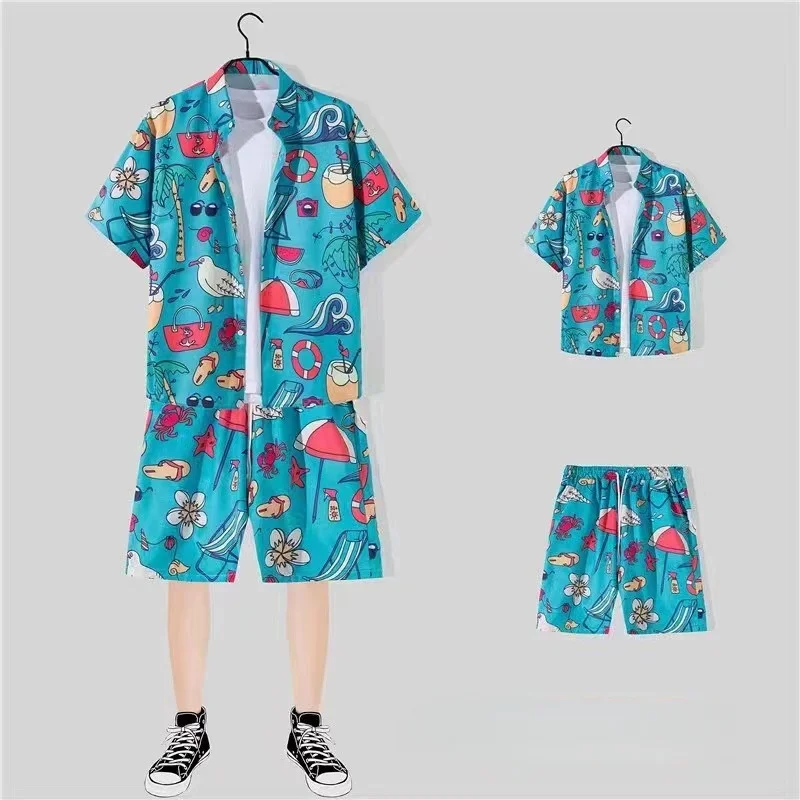 Summer Men's Casual Beach Suit Loose Handsome Hawaiian Beach Travel Quick Drying Short Sleeve Floral Shirt Shorts Two Piece Set