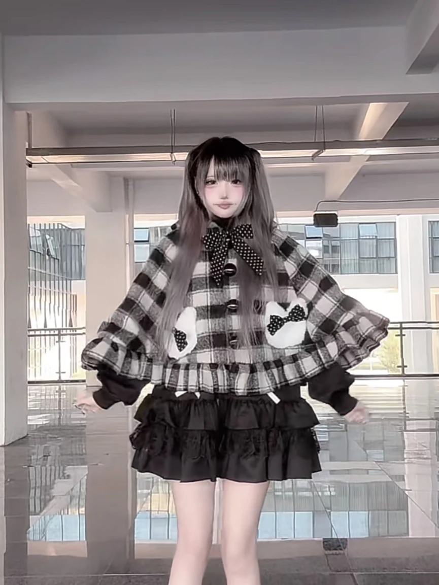 

Japanese Black Cat Ear Plush Hooded Plaid Wool Coat Women Vintage Subculture Princess Style Bow Single-Breasted Plush Cape Coats